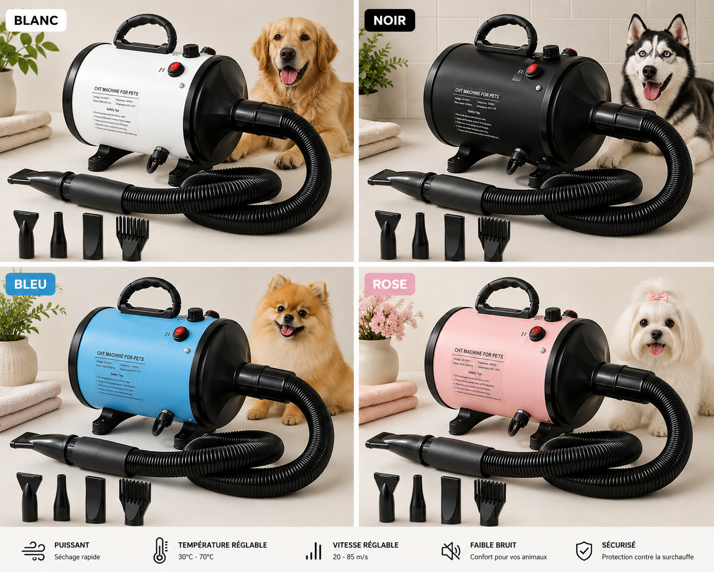 Sèche-Poils Professionnel 2800W pour Chien et Chat - Séchage Rapide et Silencieux